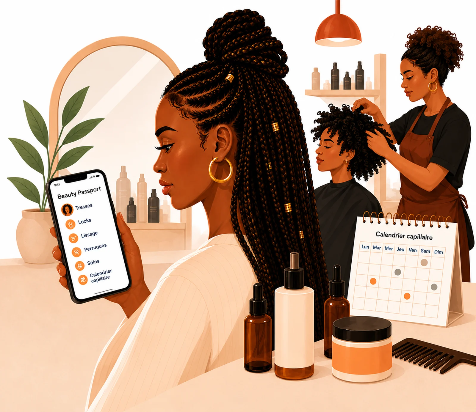 Illustration : une cliente consulte son Beauty Passport pendant qu'une coiffeuse travaille en arrière-plan
